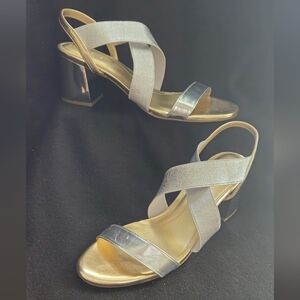 Anne Klein Silver & Gold Metallic Strappy Block Heel Sandals - Size 11